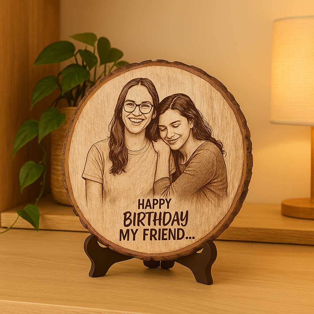 Personalized Natural Wooden Engraved Photo Frame - Round